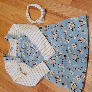 Tahari Corduroy Floral Dress w/ Yellow & White Striped Shirt & Matching Headband